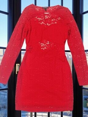 Express Red Floral Lace Long Sleeve Cutout Mini Dress-Size Small Stretch Party